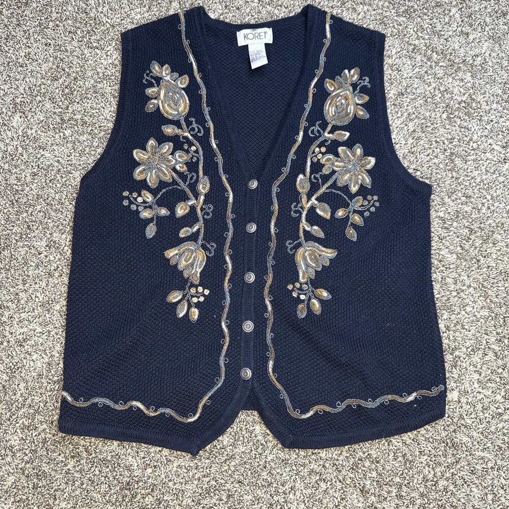 Vintage Womens Koret Navy Blue Knitted‎ Sweater Vest Size S Flowers Ribbon